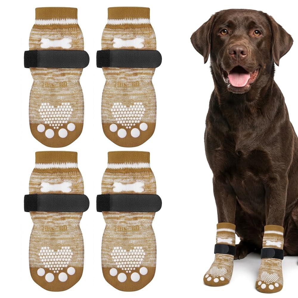 Anti-Slip Dog Socks with Adjustable Straps, 2 Pairs (4 Paws) Indoor Pet Booties with Silicone Grip for Hardwood Floors, Breathable Paw Protectors for Senior Dogs Traction & Floor Scratch Prevention