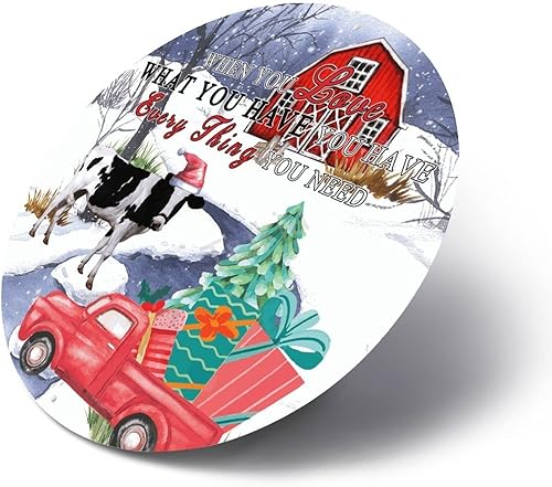 Vista 3 de Letrero de metal de bienvenida con diseño de camión de animales de granja de Navidad, texto en inglés "When You Love What You Have You Have - Placa