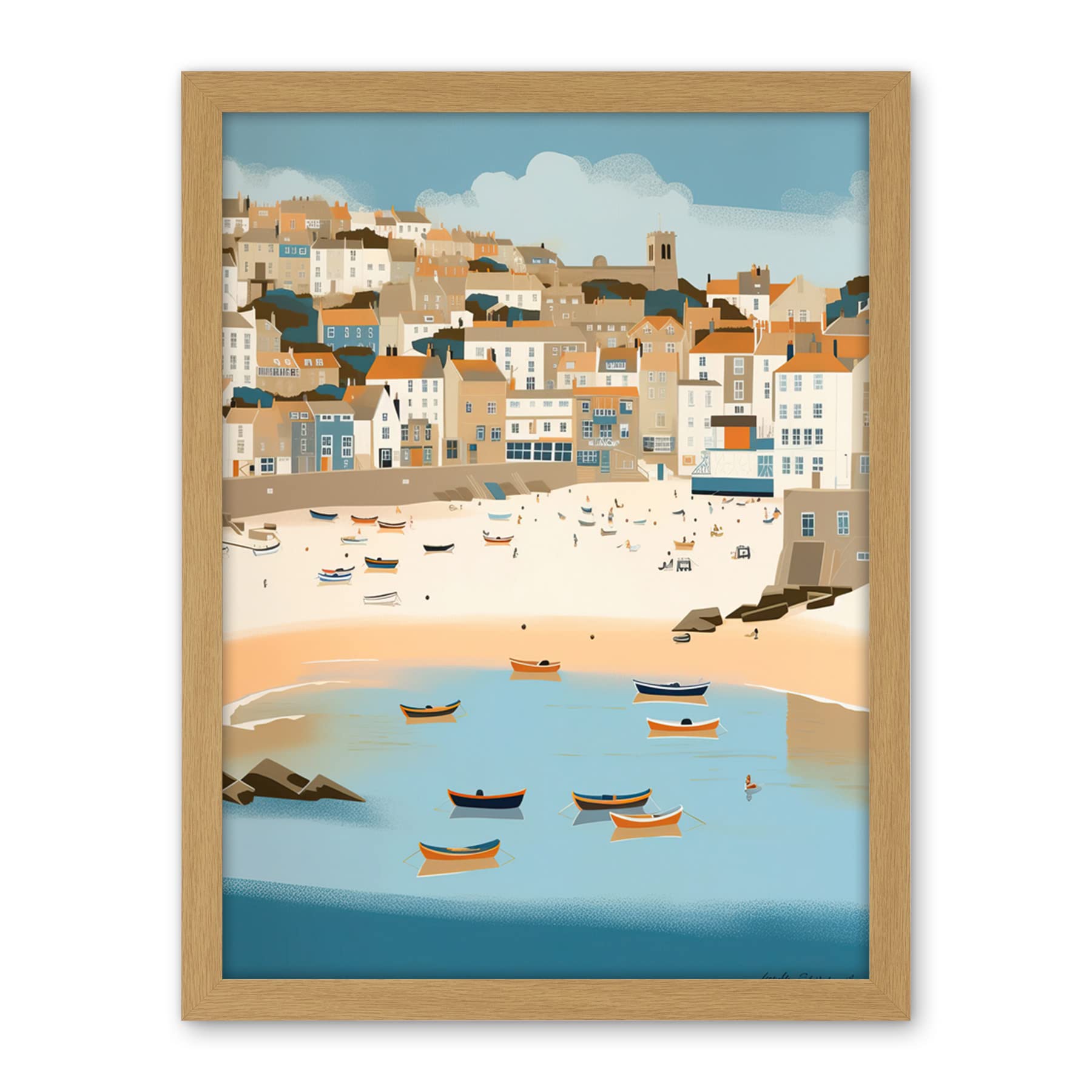 Artery8 Small Boats in St Ives Bay Coastal Cityscape Artwork Framed Wall Art Print 18X24 Inch