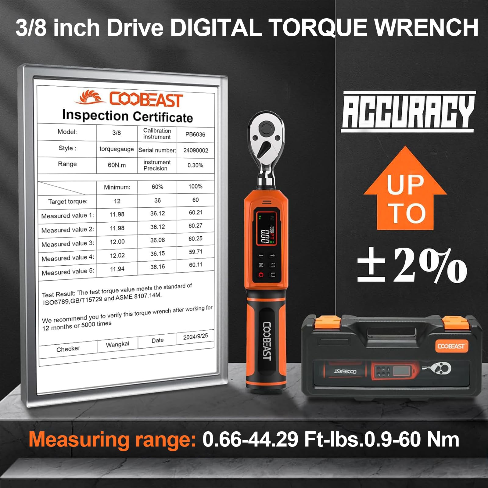 coobeast Llave dinamométrica digital, juego de llaves dinamométricas electrónicas de 3/8 con valor preestablecido (0.66-44.29 pies-libras/0.9-60 Nm), zumbador y flash LED, cinco unidades de llave