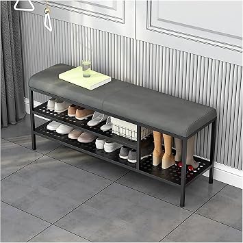 Durable Entryway Bench, Shoe Bench for Living Room, Shoe Cabinet Bench 3-Tier Storage Shelf Organiser with Padded Cushion Seat Steel Frame for Entryway Hallway Living Room