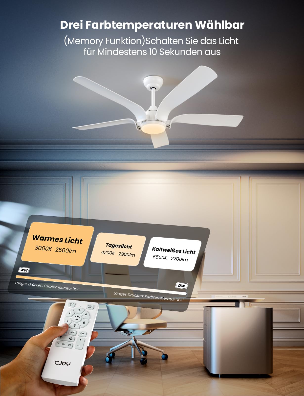 CJOY Deckenventilator mit Beleuchtung 142cm Weiß Fernbedienung Leise 6 Geschwindigkeiten 3 CCT Dimmbar Reversible 5 Flügel