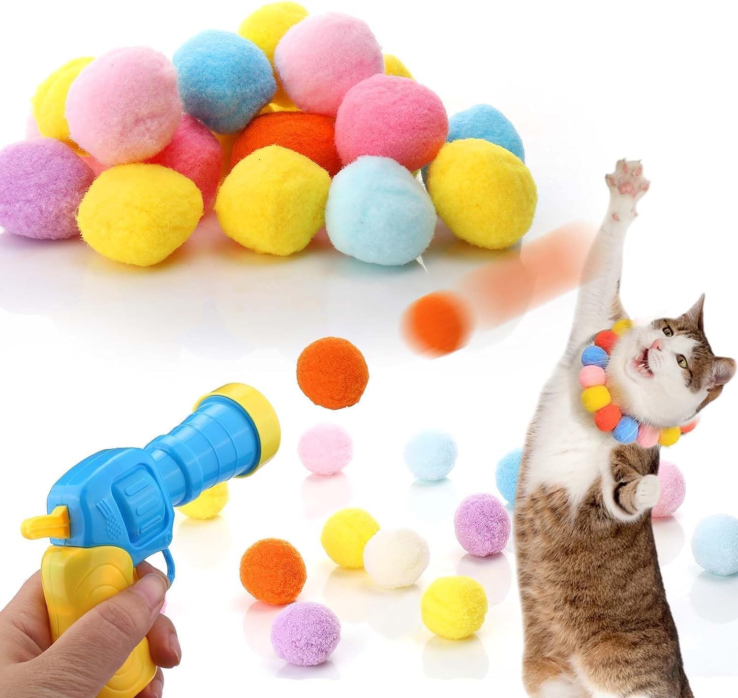 Guintray-bo Cat Toy Ball Launcher Gun,Cat Fetch Toy Gun Shooter, Plush Ball Shooting Gun with 100Pcs Pom Pom Balls, Toys Interactive for Indoor Cats