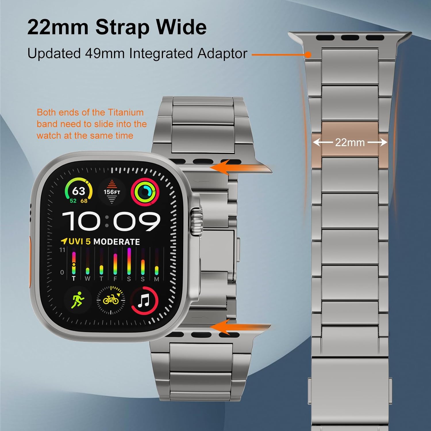 Titanium Watch Band for Apple Watch Ultra 2 / Ultra 49mm, Men's Adjustable Apple Watch Ultra 2 Bands Magnetic iWatch Replacement Strap 22mm Wide Titanium WristBands with DLC coating for Men