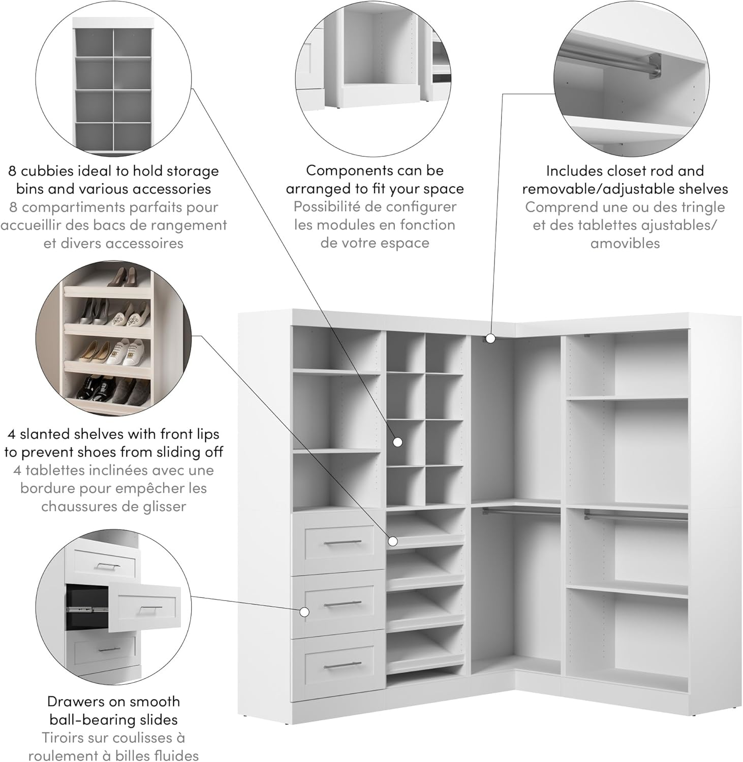 Bestar Walk-In Closet Organizer System 83-inch with Drawers for Bedroom, Entryway, Mudroom, Pur Collection, Modern, White