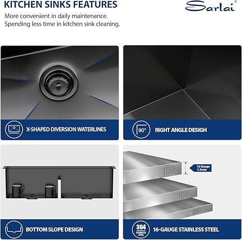 Vista 117 de Sarlai Fregadero doble de 33 piezas para empotrar - Fregadero de cocina de 33 x 19 pulgadas, acero inoxidable de calibre 16, esquina redonda, doble