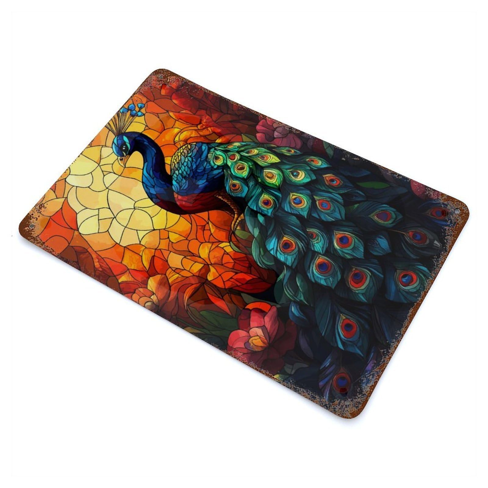 Garage Style Peacock Stained Glass Rust Effect Tin Sign 11.8"x7.9", Vintage Wall Decor for Bar And Workshop