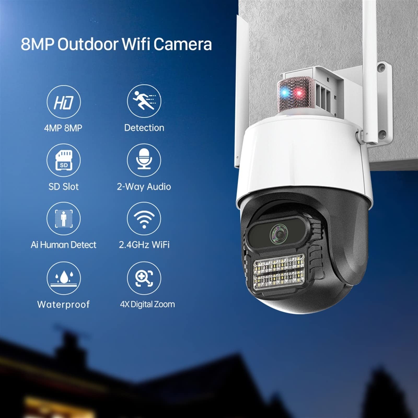 Telecamera IP Da 8 MP Con Allarme Sirena Antifurto Rilevazione Umana Telecamera PTZ Visione Notturna A Infrarossi A Colori Telecamera CCTV Di Sicurezza Esterna per la sicurezza domestica(4MP Add 32G C