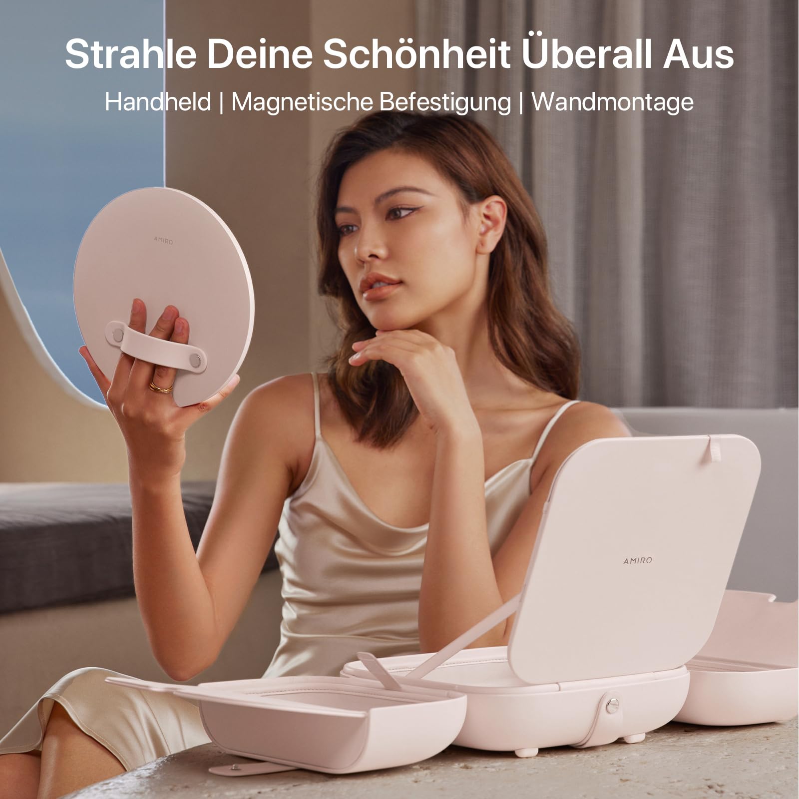 AMIRO M2 LumoCube Make-up-Spiegel mit Tasche, tragbarer LED-Make-up-Spiegel mit Lichtern, 5-stufige Helligkeit, 3-farbige Lichter, Reise-Make-up-Organizer, Rosa