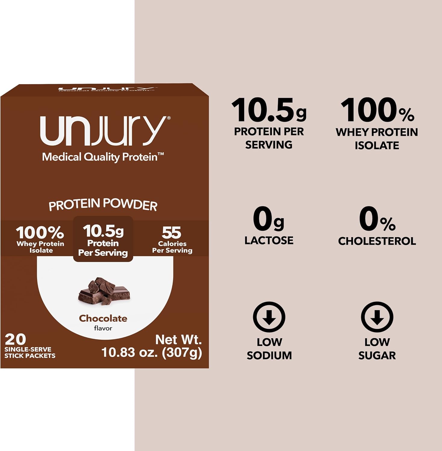 Unjury Whey Protein Powder Individual Stick Packs | Chocolate | 10.5g 100% Whey Isolate Protein Powder | Low Carb and Lactose Free | Gluten Free | Certified Kosher | 20 Servings