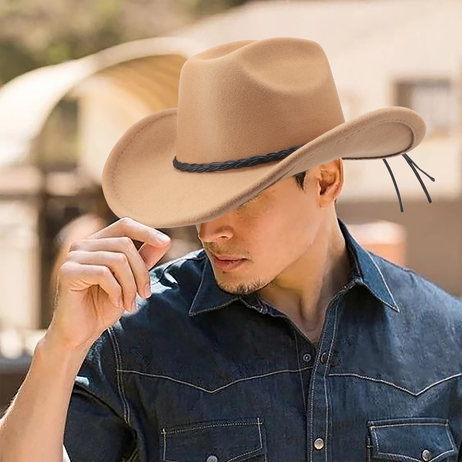 DRESHOW Chapeau de Cowboy pour Femme et Homme Le Rancher Western Chapeau en Feutre Chapeaux Fedora à Large Bord Façonnable Extérieur avec Boucle de Ceinture Rétro Unisexe Chapeau Roulé