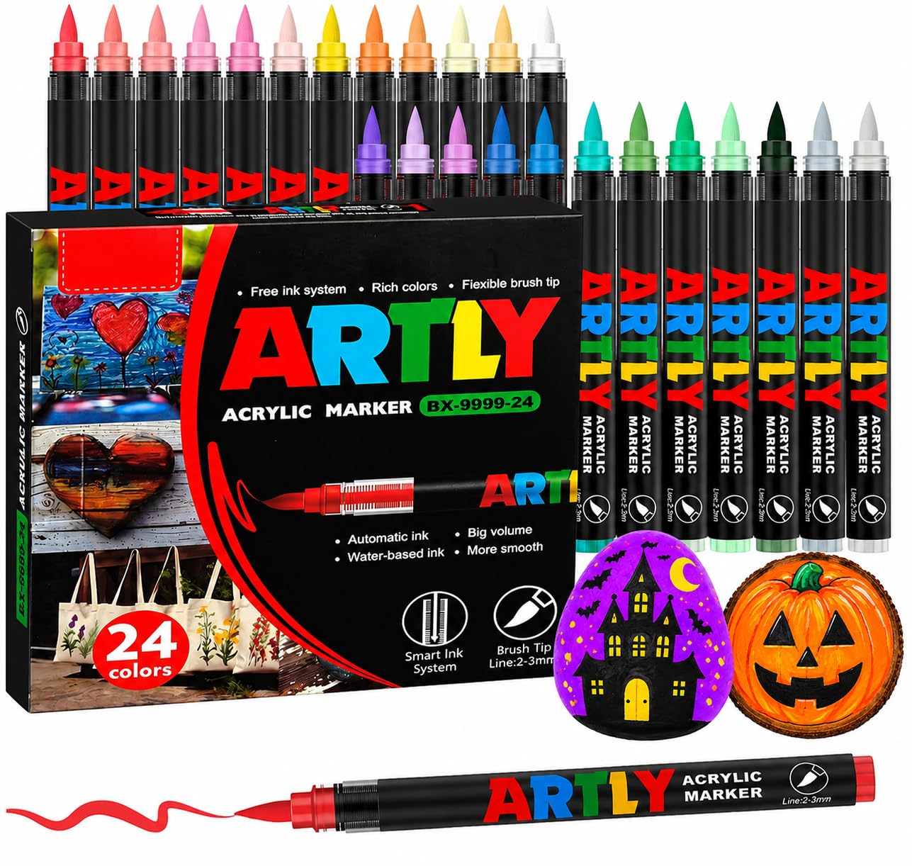 Efimeso 24 Colores de Rotuladores Acrílicos, Acrylic Markers a Base de Agua Marcadores Acrilicos Punta Pincel para Pintar Rocas, Cerámica, Madera, Tela y Lienzo