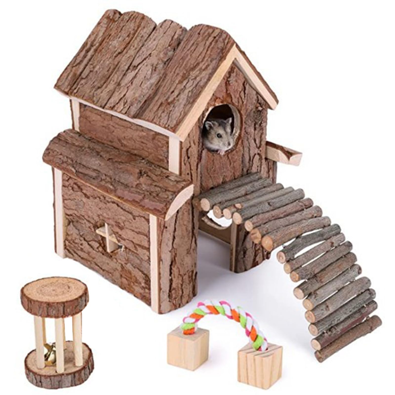Kleintier-Unterhaltung Holzvilla Haus Verstecke Spielplatz mit Leiter, passend für Chinchilla, Meerschweinchen, Rennmäuse, Zwergmäuse, Igel (4 Stück)