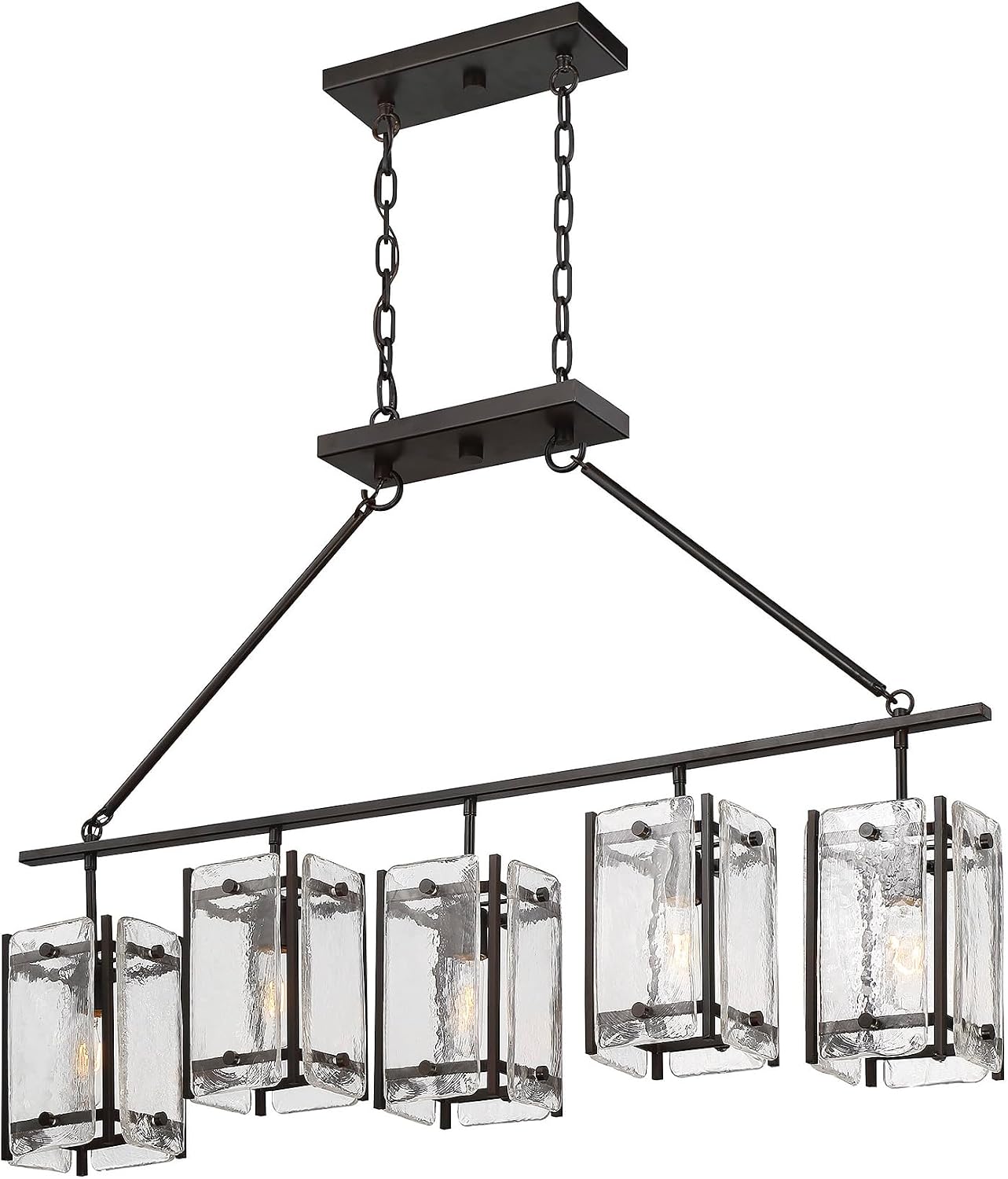 Savoy House 1-3043-5-13 Glenwood Rustic Industrial Clear Water Piastra Glass Linear Chandelier, 5-Light 300 Total Watts, 30" H x 45" L, English Bronze