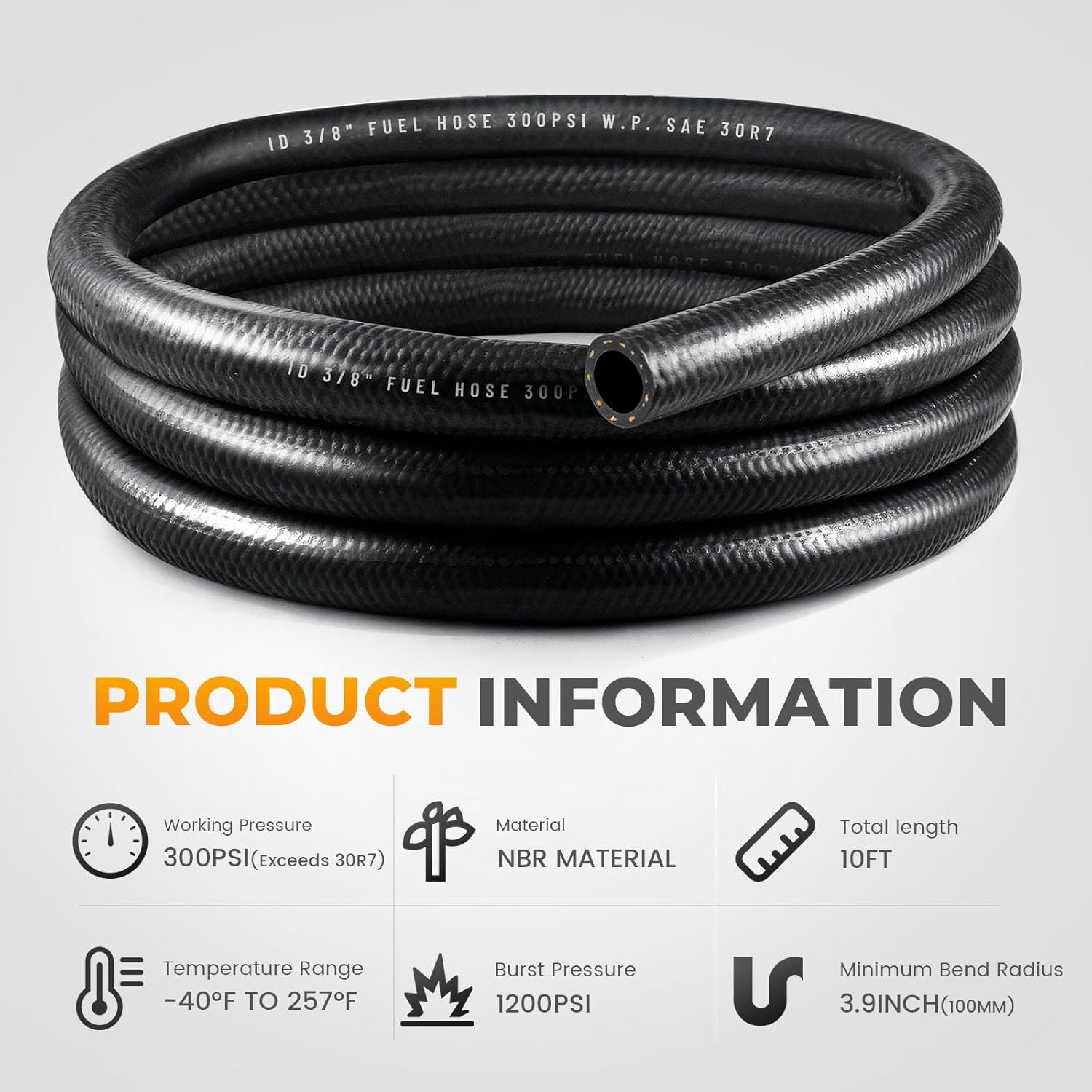 3/8 Fuel Hose Line 10FT Kit NBR Rubber SAE 30R7 150PSI, 4Pcs 6AN Push Lock Hose Kit with 4Pcs 304 Stainless Steel Hose Clamps