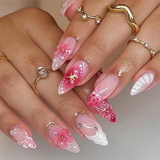 30 Stk. 3D Ozean Press on Nails, Mandel Sommer Rosa Muschel & Seestern Künstliche Fingernägel, Perlen Kunstnägel mit 3D-Prägung, Inklusive Klebepads & Nagelfeile für Damen