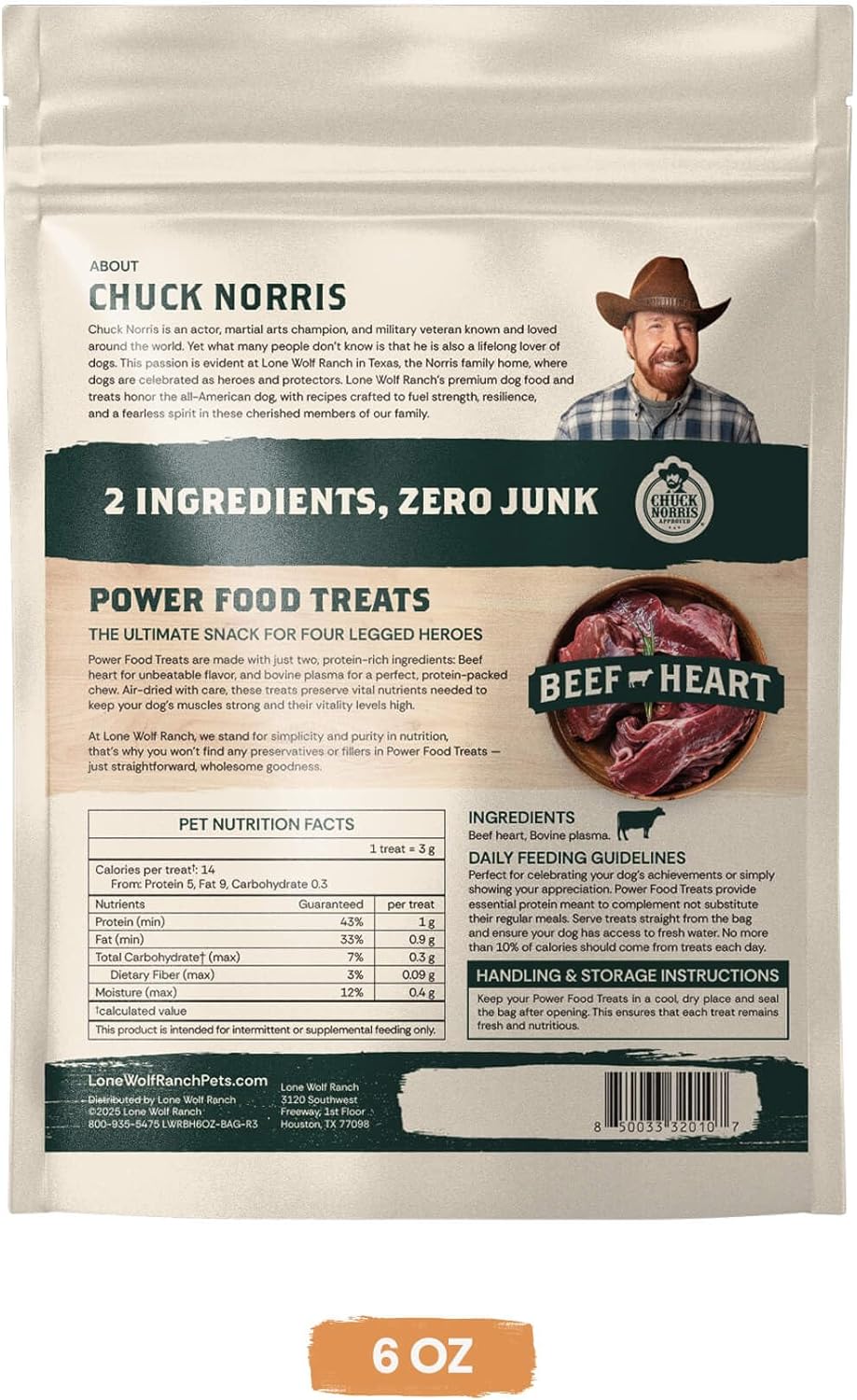 Chuck Norris Power Food Treats, Air Dried High Protein Dog Training Treat or Topper (Beef Heart, 6oz)