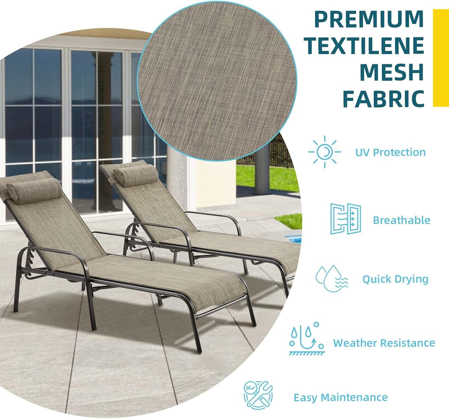 EROMMY Patio Lounge Chairs Set of 2, All-Weather Waterproof Upgraded Outdoor Pool Chaise Lounge Chairs with Adjustable Backrest for Beach Yard Poolside