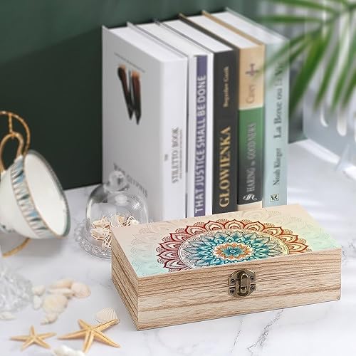 Miniatura 4 de Mandala Floral Wooden Storage Box with Hinged Lock,Decorative Handmade Keepsake Jewelry Chest, Elegant Retro Decor Boxes, Compact Organizer Box for