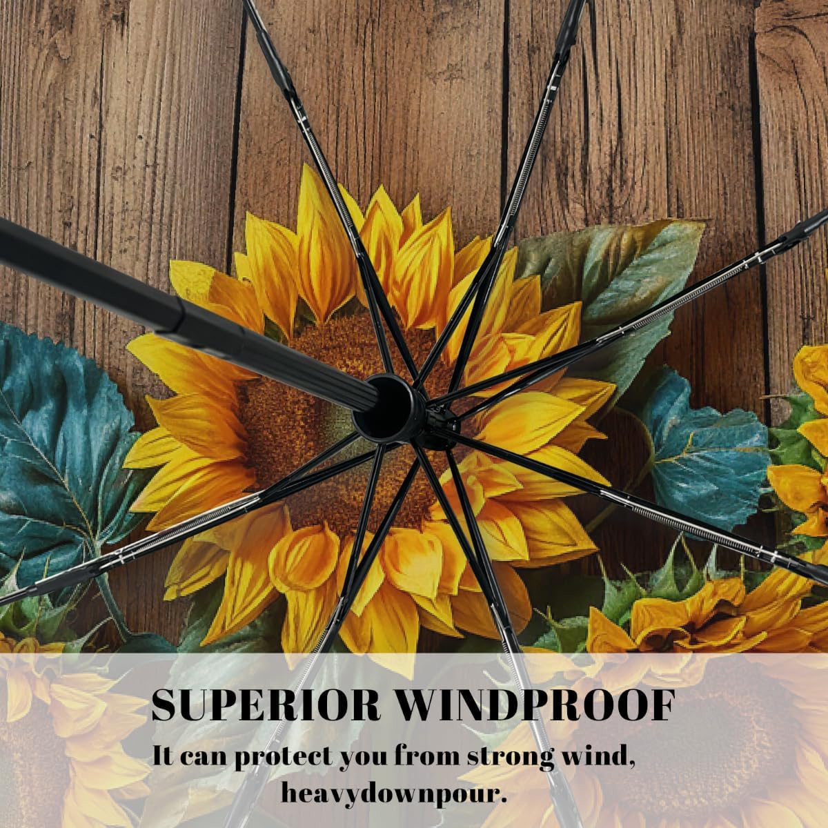 Retro Wooden Sunflower Floral Folding Umbrella Windproof Compact Lightweight Travel Umbrella with 8 Reinforced Ribs, Portable UV Sun & Rain Protection for Men & Women