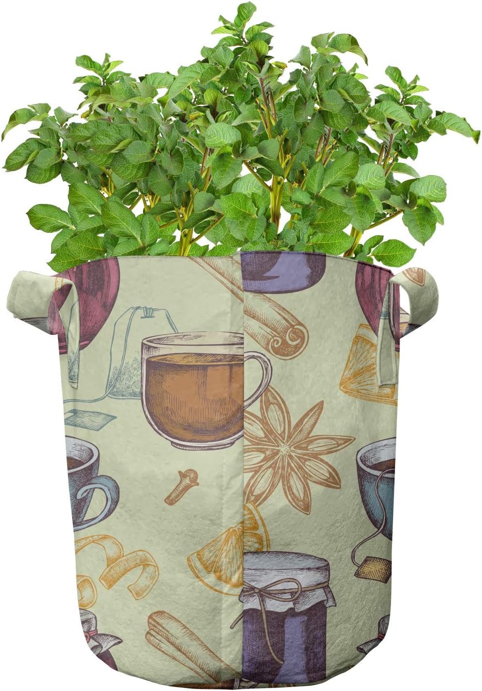 Ambesonne Sketch Grow Bags 5-Pack, Cinnamon Tea Bags Jars Cups, Heavyduty Fabric Pots with Handles for Plants, Pastel Green Multicolor