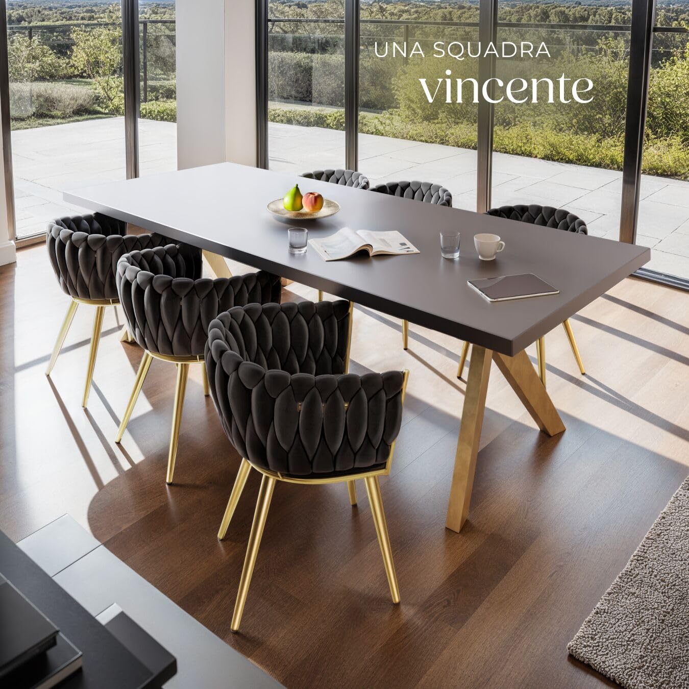 tectake® Set di 6 Sedie da Pranzo con Braccioli, Sedie Soggiorno in Velluto Extra Fine, Design Elegante a Nodo, Poltrone Velluto con Morbida Imbottitura, Sedie per Sala da Pranzo Versatili - Nero/Oro
