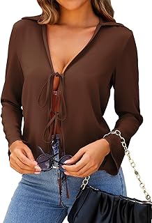 FreeCute Womens Satin Blouses Going Out Tie Front Tops Sexy Deep V Neck Collared Long Sleeve Shirts