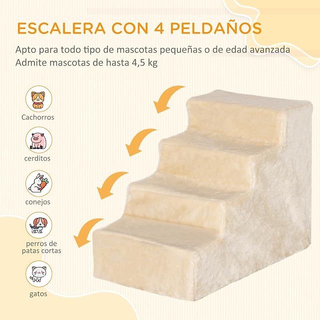 Foto 3 de 8 de PawHut Escalera para Perros de 4 Peldaños Cama Sofá 60x35x44 cm Beige