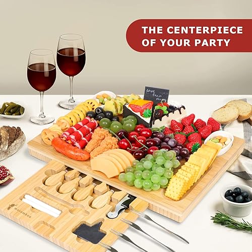 Miniatura 5 de Juego de tabla de queso de bambú con un solo cajón y tabla de charcutería grande con bandeja para servir frutas, nuevo hogar único, regalos de