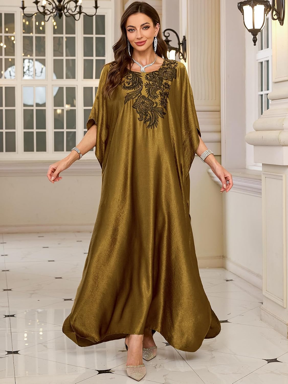 RanRui Caftans for Women Kaftan Dresses Beach Cover up Over Sized Loose Beach Blouse Rayon Embroidered Golden Holiday Robe