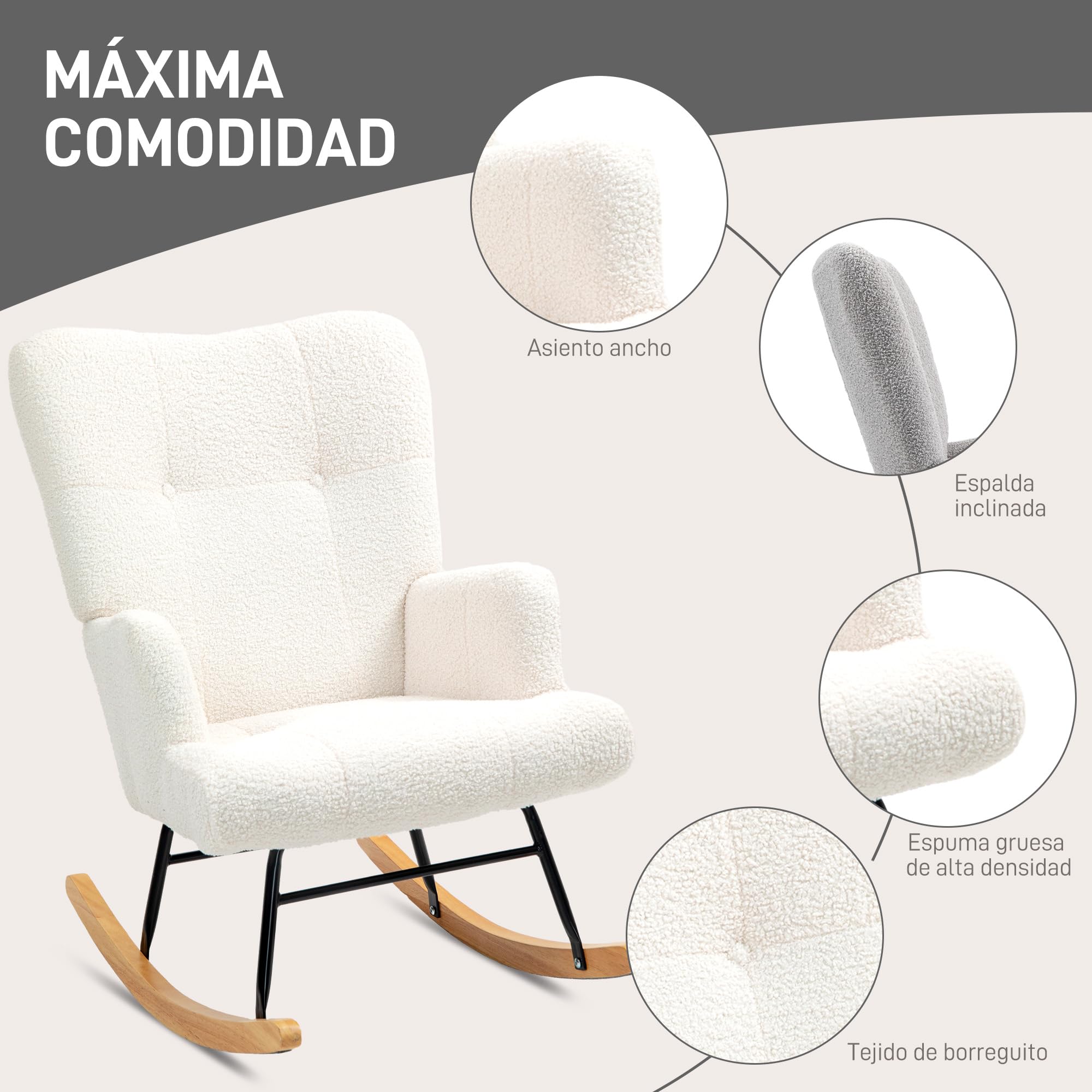 HOMCOM Silla Mecedora, Mecedora de Terciopelo de Teddy con Respaldo Alto, Patas de Madera de Caucho, Reposabrazos, Estilo Moderno, Sillón de Lactancia, Carga 120 kg, para Dormitorio, Salón, Crema