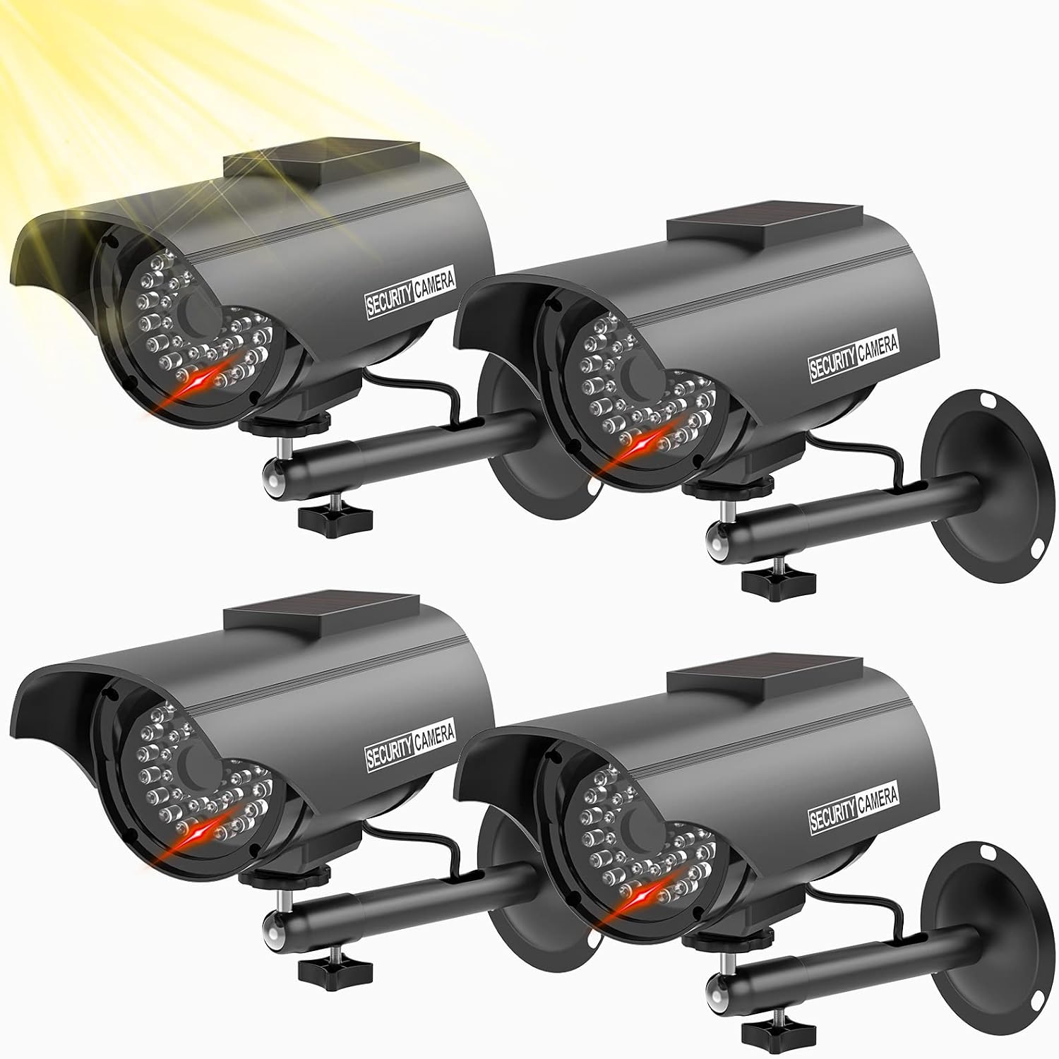 WALI Solar Powered Bullet Dummy Fake Simulated Surveillance Security CCTV Dome Camera Indoor Outdoor with 1 LED Light, Security Alert Sticker Decal (SOLTC-B4), 4 Packs, Black