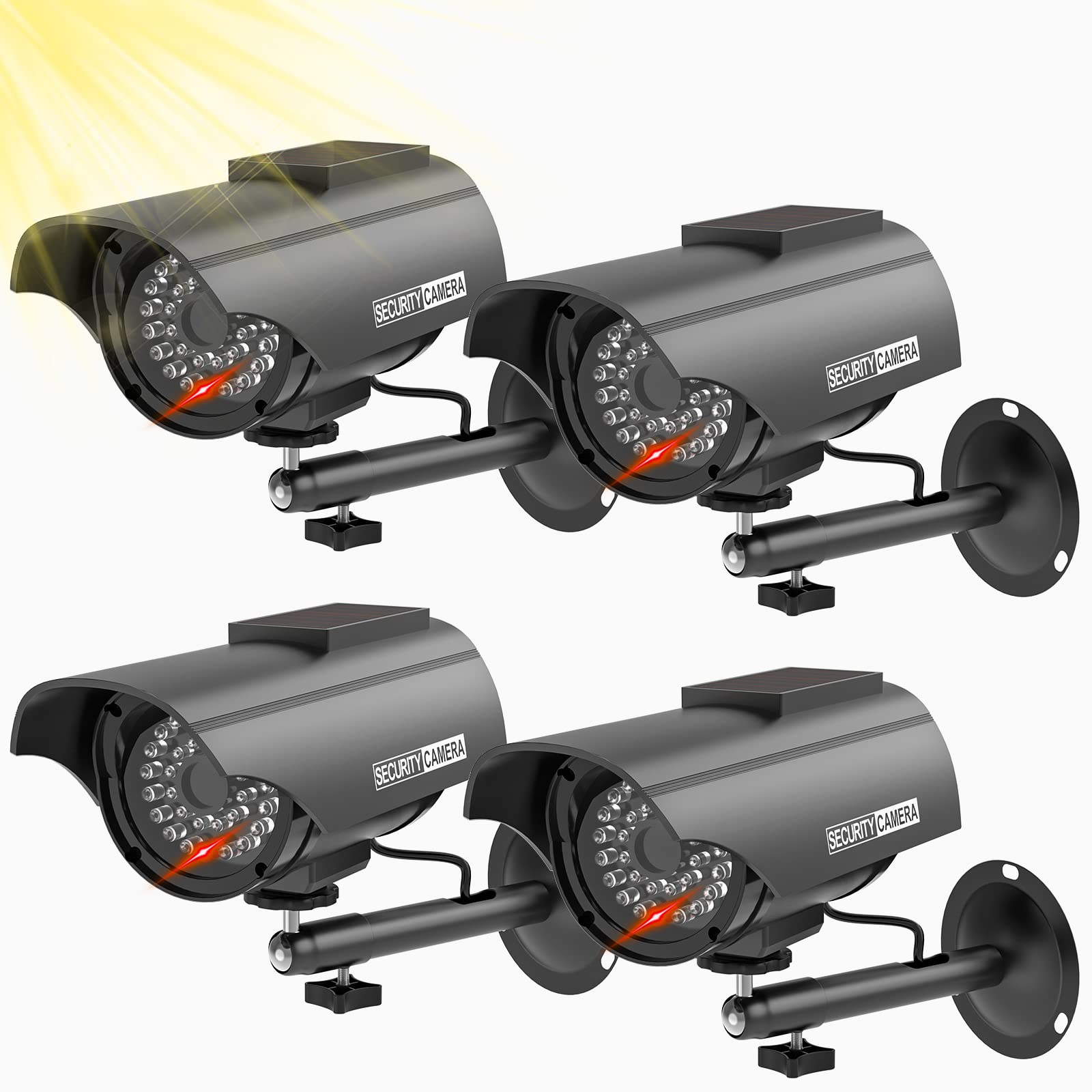 WALI Solar Powered Bullet Dummy Fake Simulated Surveillance Security CCTV Dome Camera Indoor Outdoor with 1 LED Light, Security Alert Sticker Decal (SOLTC-B4), 4 Packs, Black