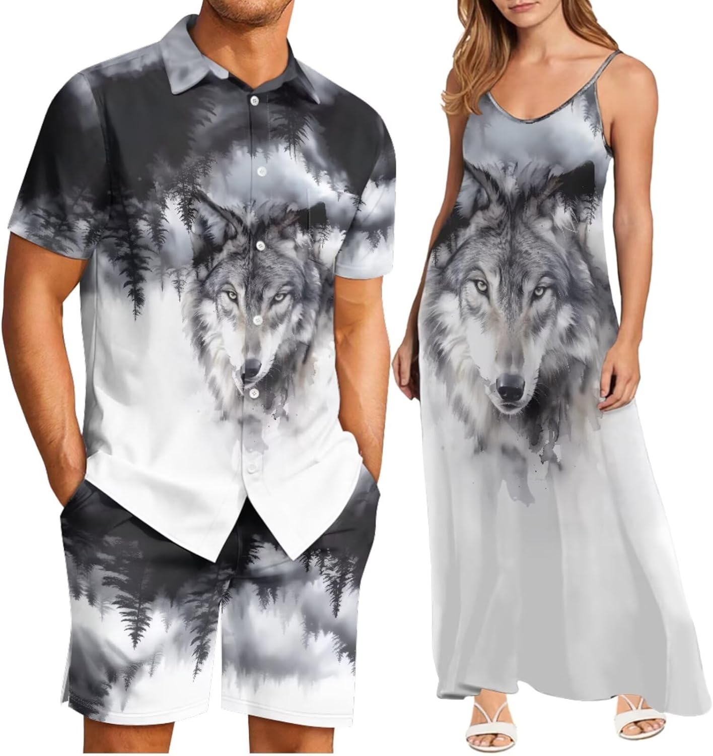 Couples Matching Hawaiian Outfit Mens Short Sleeve and Shorts Womens Spaghetti Strap Sundress Beach Vacation Sets