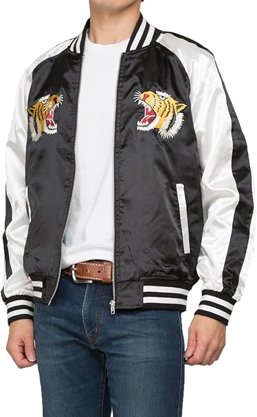 Amazon Matthew Brownee スカジャン メンズ 刺繍 無地 サテン 虎 アウター ジャンパー ブルゾン 横須賀 ブラック虎刺繍 ｍサイズ コート ジャケット 通販