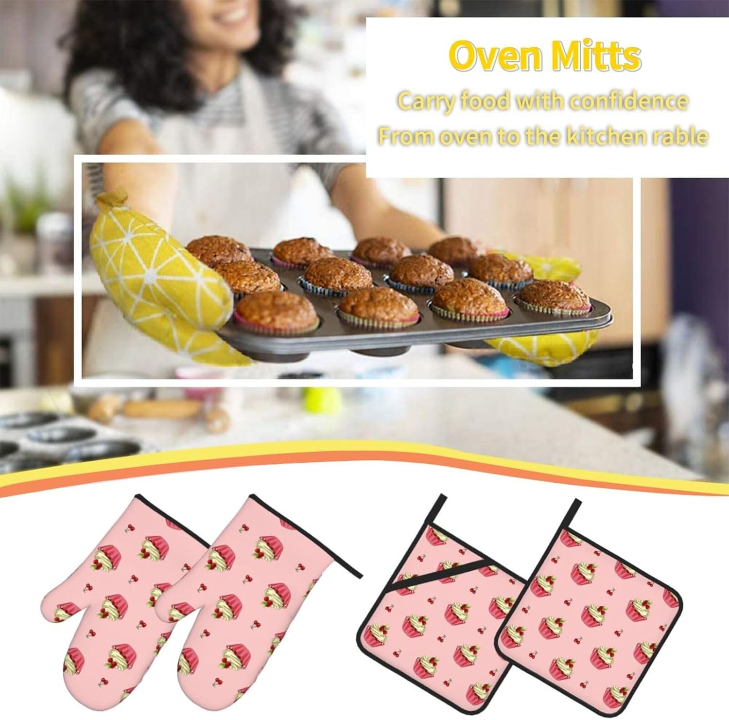 Cherry Cake Oven gloves and heat-resistant mat 4-piece set. Suitable for grilling, microwave oven frying, and baking