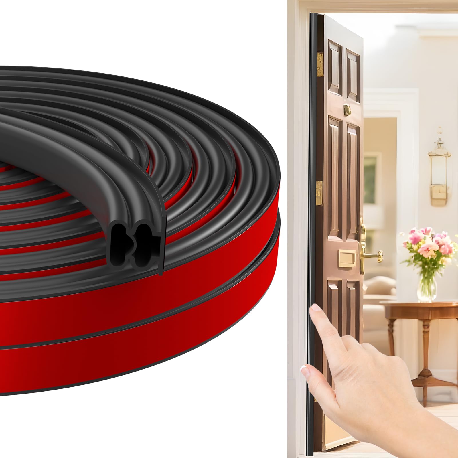 Jobon Draft Excluder for Doors - Upgraded Thickened Rubber Weather Stripping Door Seal Strip for 5-10mm Large Gap, Self-Adhesive Soundproofing Weatherstripping Replacement (10M, Black)