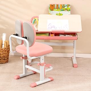 UIIAIOUIAIO Kids Multifunctional Desk and Chair Set, Height Adjustable Children School Study Desk with Tilt Desktop, Book Stand, Footrest, Drawer for Boys Girls