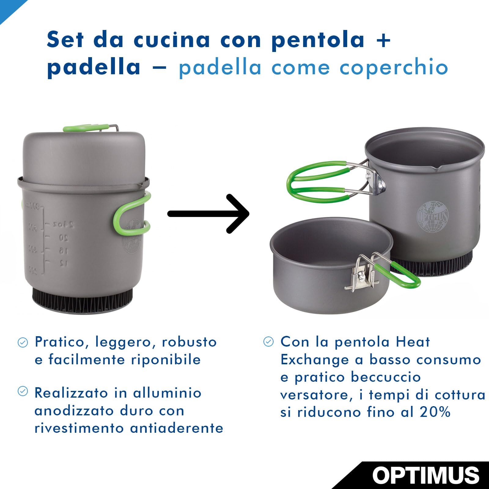 Set di cottura Optimus Terra Weekend HE - pentola da 0,95 L con scambiatore di calore e padella/coperchio | alluminio antiaderente e anodizzato | pentole ultraleggere per campeggio e trekking