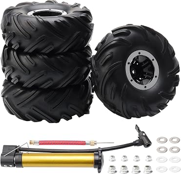 4-Pack RC 2.2" Tires & 12mm Wheel Rims, Silver | Inflatable OD 140mm, Mud Badland Tractor Tread Tyres, Lock Nuts, 1/10 Rock Crawler Monster Truck, Traxxas Maxx Axial RC4WD