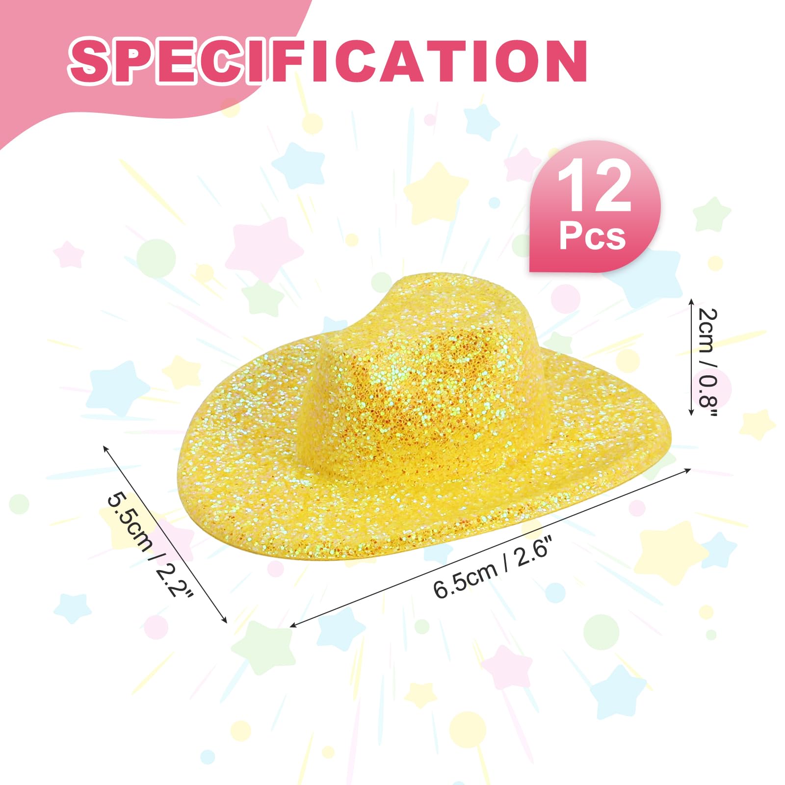 PATIKIL Mini Cowboy Hats, 12 Pcs Miniature Western Cowboy Hat for Crafts Party Decoration, Doll Pet Dress Up, Glitter Style, Yellow - Image 2