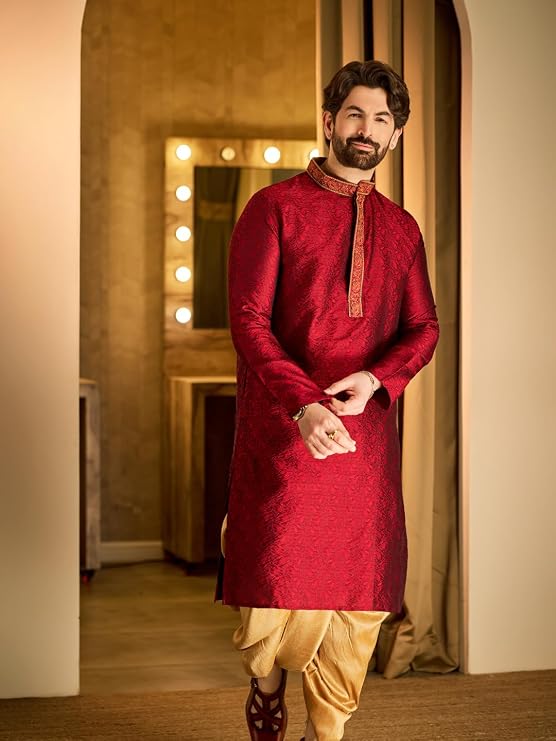 Sojanya (Since 1958, Men's Blue & Mustard Silk Dhoti Kurta Set