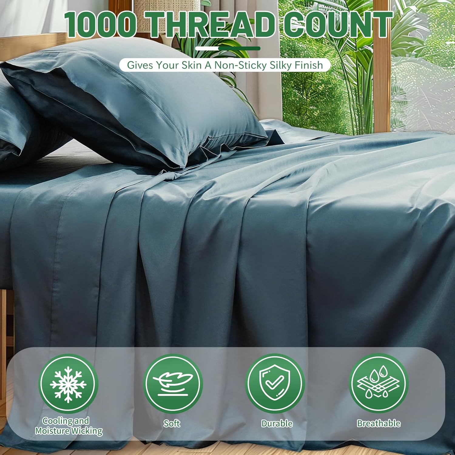 100% Egyptian Cotton Sheets King Size 4PCS 1000 Thread Count Sateen Weave Soft Breathable 16-Inch Deep Pocket (King,Lake Blue) - Image 2