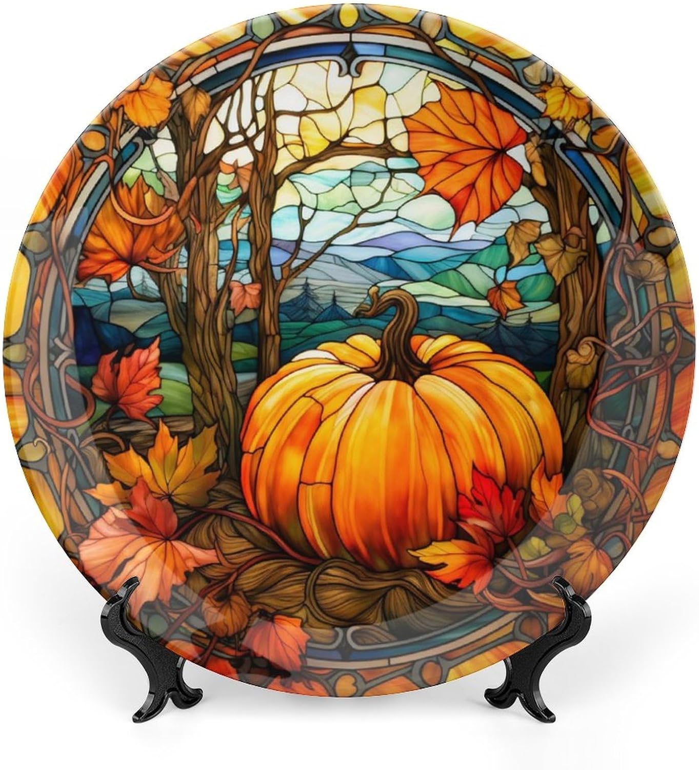 Decorative Plates for Home Decor, Fall Pumpkin Watercolour Stained Glass Design Decor Tray for Table Display, Ceramic Dinner Plate W/ Stand, Living Dining Room Decor, Gifts for Thanksgiving, 6 Inch