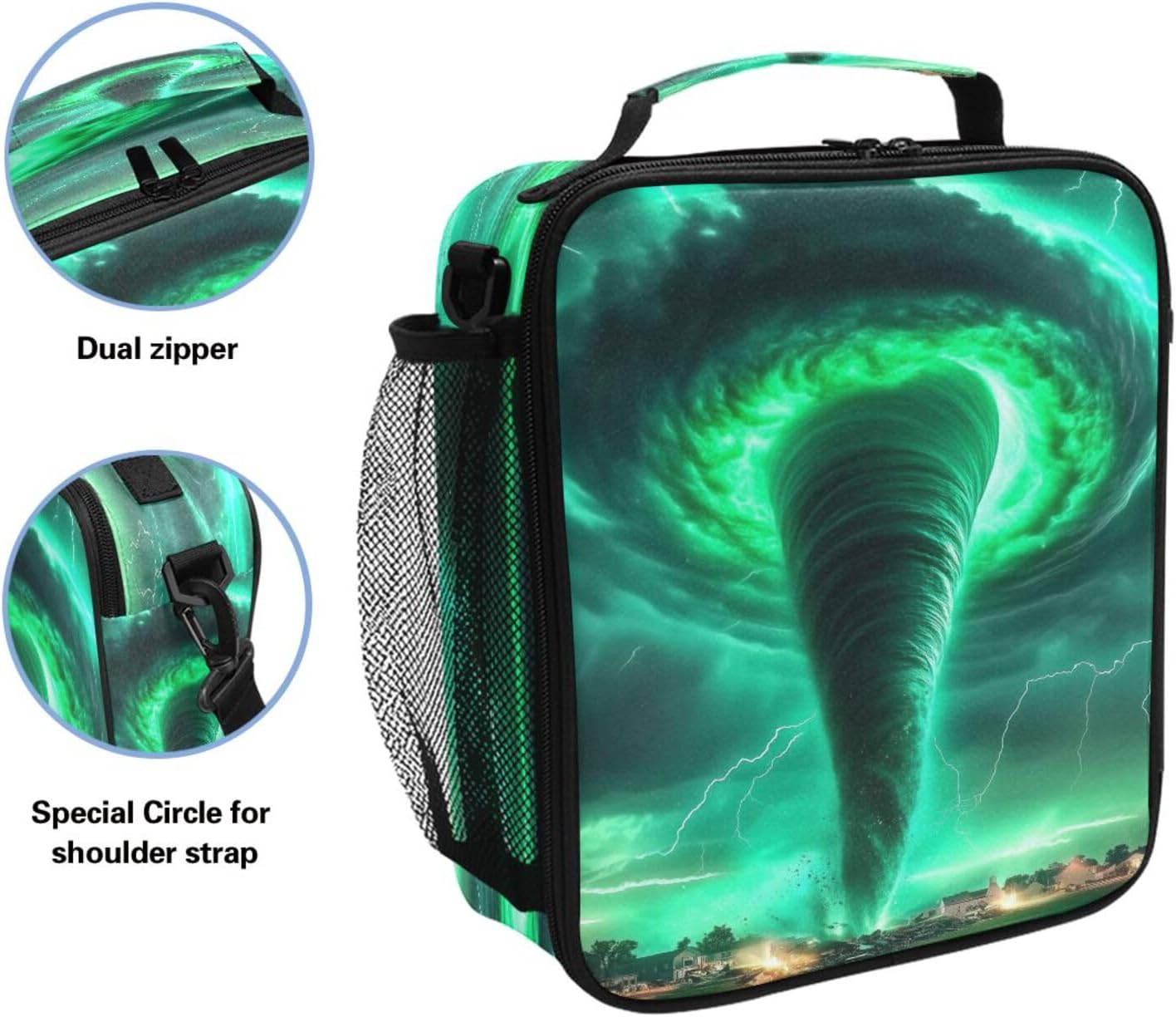 Kids Lunch Box Green Tornado Insulated Lunch Bags Boys Girls with Adjustable Strap Cooler Meal Box School Office