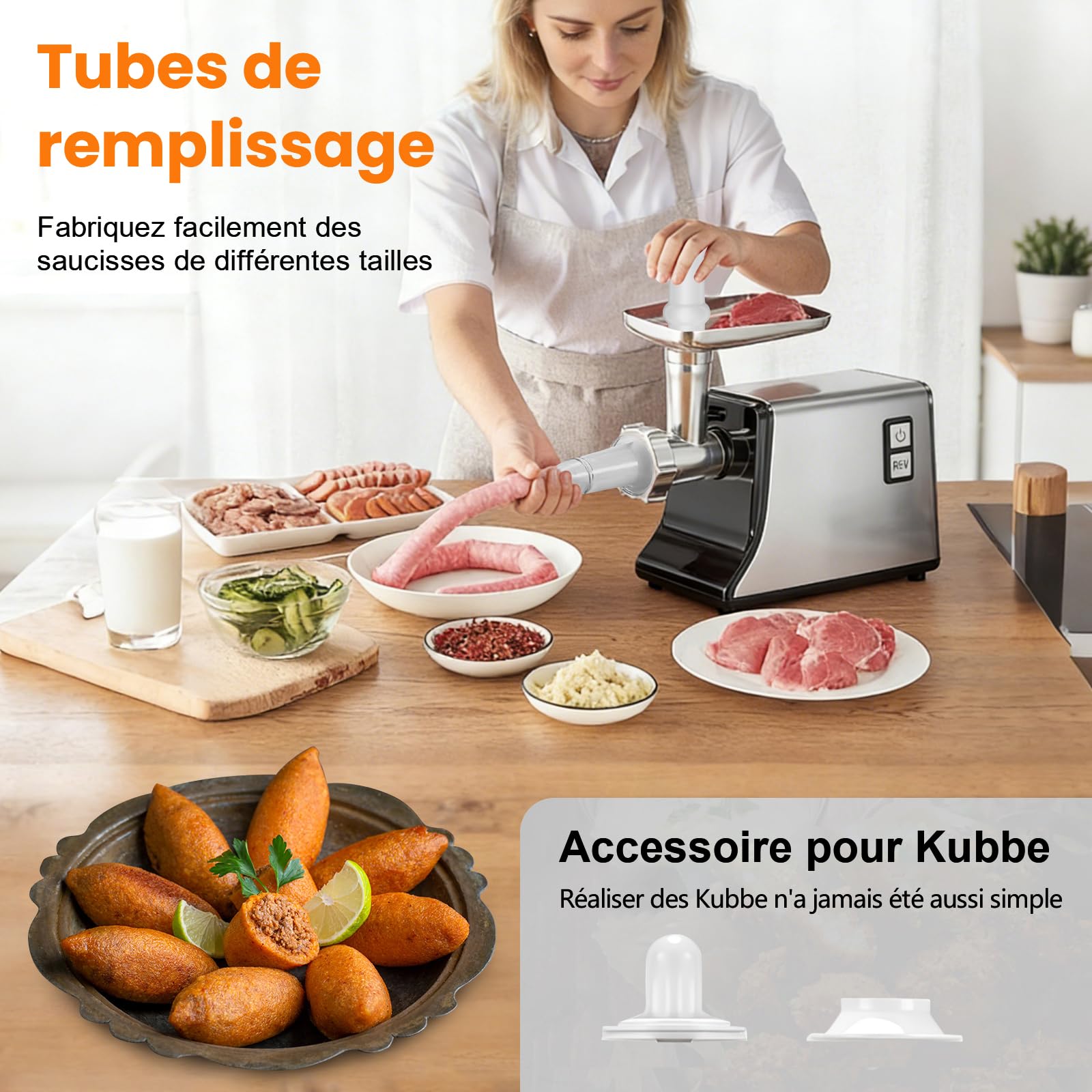 Hachoir à Viande Électrique, 3-en-1 Hachoir a Viande Professionnel [2800W Max] avec 3 Plaques de Broyage en Acier Inoxydable, Kit Kubbe, Tube à Saucisses, 2 Vitesses, pour Usage Domestique