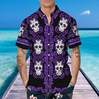 Skull Pattern Color Hawaii Shirts Men Women Summer 3D Printed Short Sleeve Button Down Graphic Aloha Hawaiian Shirt