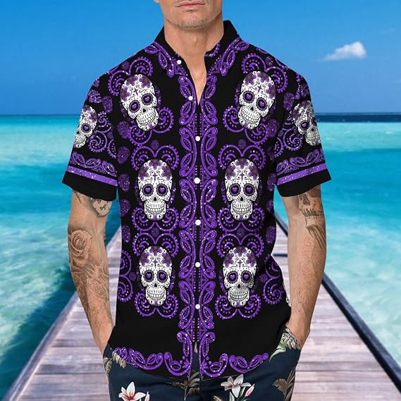 Skull Pattern Color Hawaii Shirts Men Women Summer 3D Printed Short Sleeve Button Down Graphic Aloha Hawaiian Shirt