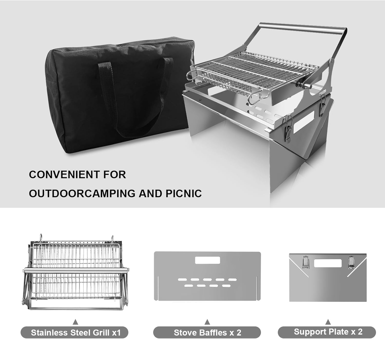 360° Rotating Charcoal Grills Stainless Steel Flipping Barbecue Grill Portable Camping Charcoal BBQ Grill with Foldable Legs for Outdoor Patio Backyard, Multi-functional Camping Grill