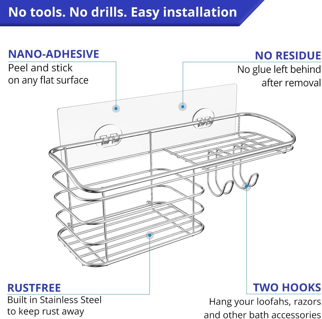 HOME SO Shower Caddy Basket with Adhesive, 2 pack - Large Rust-Proof Stainless Steel Bathroom Wall Mounted Organizer Shelf Rack for Shampoo, Soap, Razor, Bath Accessories - Easy Install No Drilling…